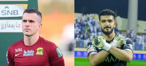حارس الهلال عبد الله المعيوف (يمين) في صدام مرتقب ضد حارس الاتحاد مارسيلو غروهي (winwin)