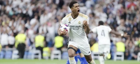 الدولي الإنجليزي جود بيلينغهام لاعب ريال مدريد يتوهج في مسابقة الدوري الإسباني 2023/2024 غيتي ون ون winwin Getty - jude bellingham