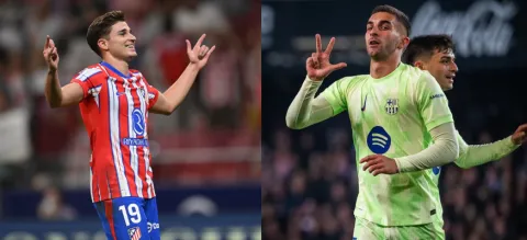 معركة جانبية بين فيران توريس وجوليان ألفاريز في مباراة برشلونة وأتلتيكو مدريد بكأس الملك (Getty)